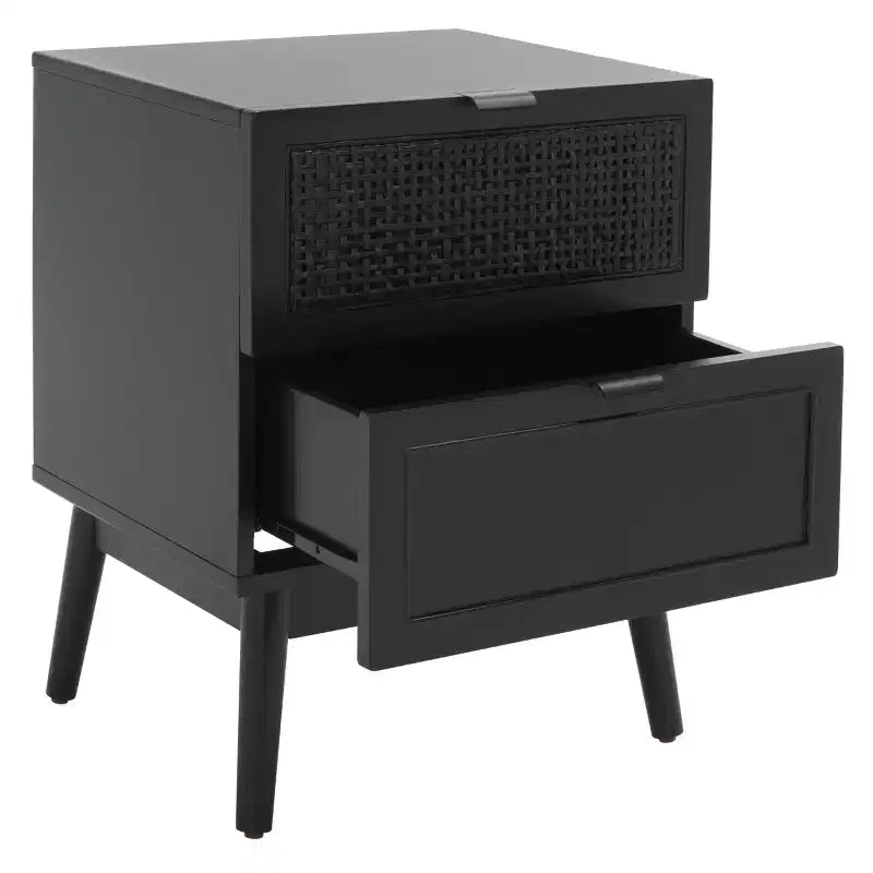 Comodino Baisley a 2 cassetti in rattan, comodino in legno Boho con frontali in vimini
