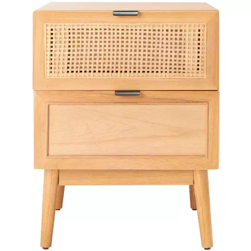 Comodino Baisley a 2 cassetti in rattan, comodino in legno Boho con frontali in vimini
