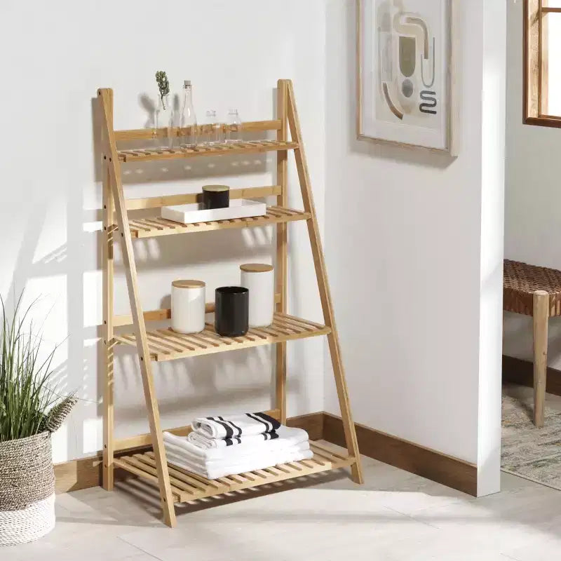 Scaffale a scala a 4 ripiani Faisal, libreria inclinata in legno naturale, contenitore espositivo aperto per soggiorno