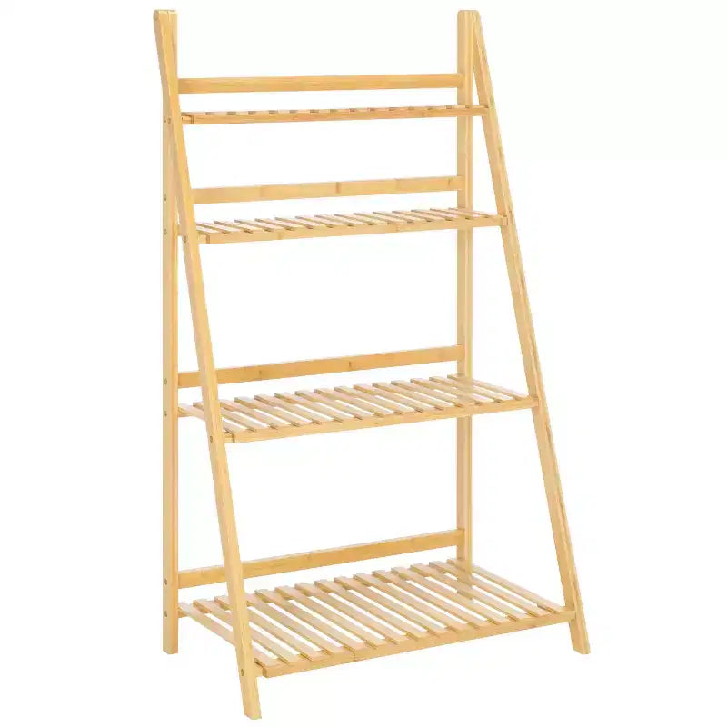Scaffale a scala a 4 ripiani Faisal, libreria inclinata in legno naturale, contenitore espositivo aperto per soggiorno