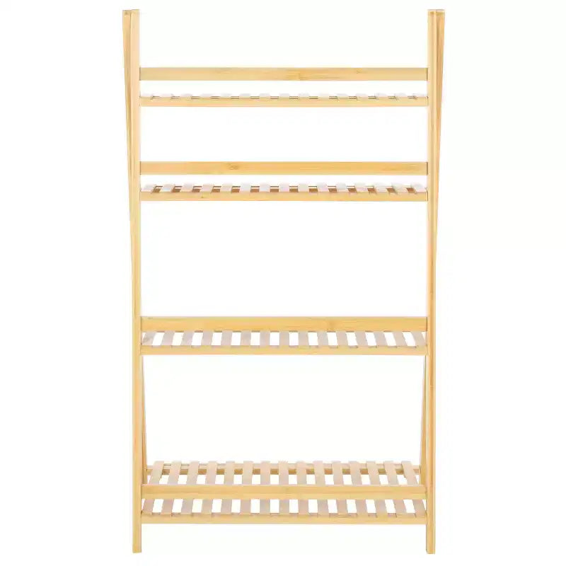 Scaffale a scala a 4 ripiani Faisal, libreria inclinata in legno naturale, contenitore espositivo aperto per soggiorno