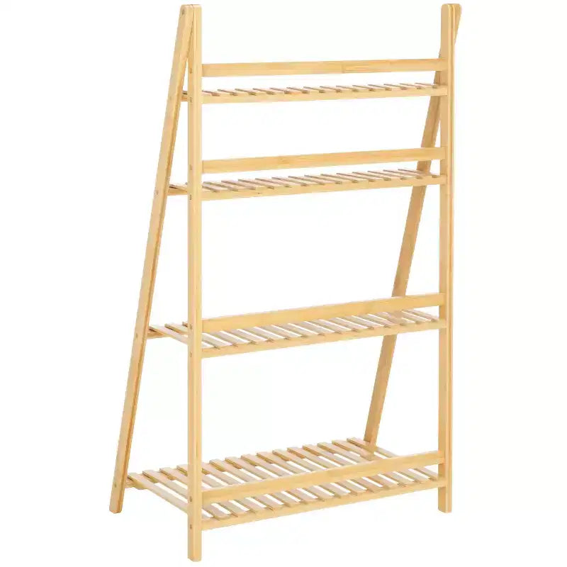 Scaffale a scala a 4 ripiani Faisal, libreria inclinata in legno naturale, contenitore espositivo aperto per soggiorno